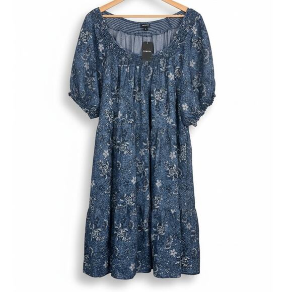 NWT Torrid Womens 2X Chambray Smocked Puff Sleeve Boho Cottagecore Mini Dress - Picture 1 of 13